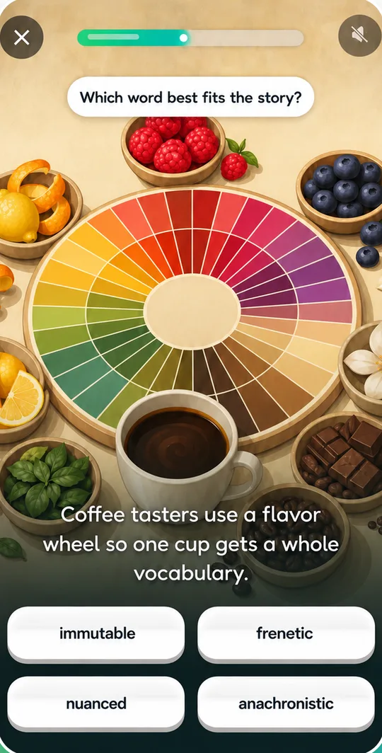 A picture story about a coffee flavour wheel, with four words to choose from.