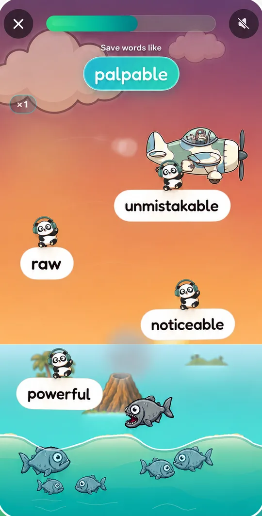 Pressure Test in arcoco: pandas parachute towards the water holding words.