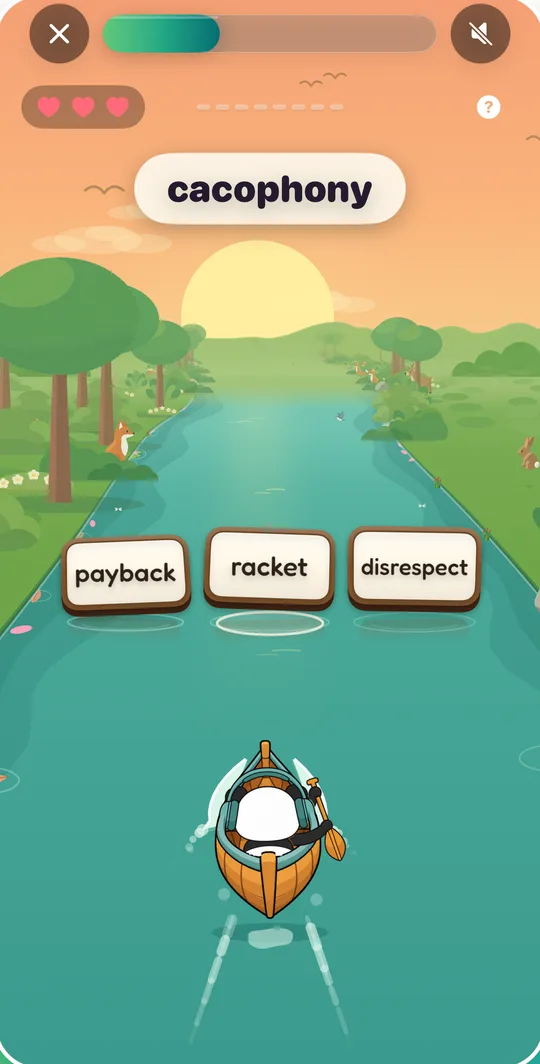 River Runner in arcoco: a panda rows towards three word gates.